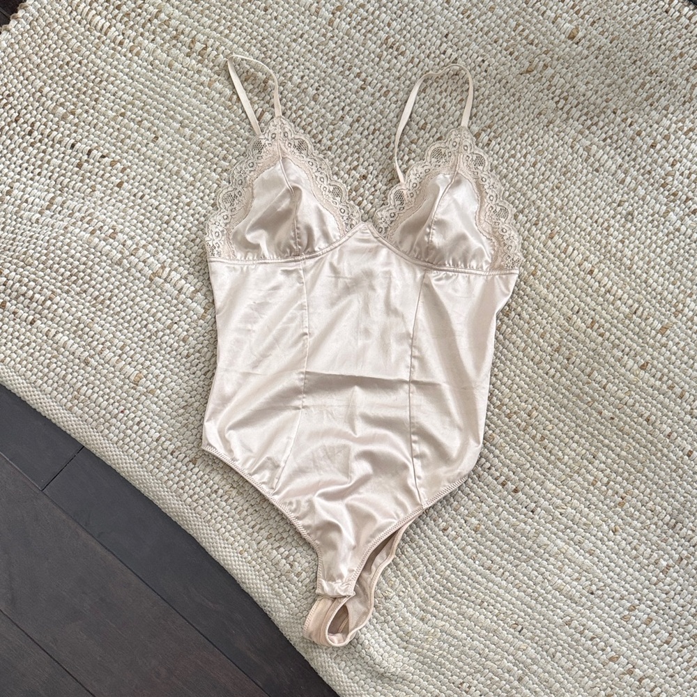Cream Lace Trim Satin Bodysuit